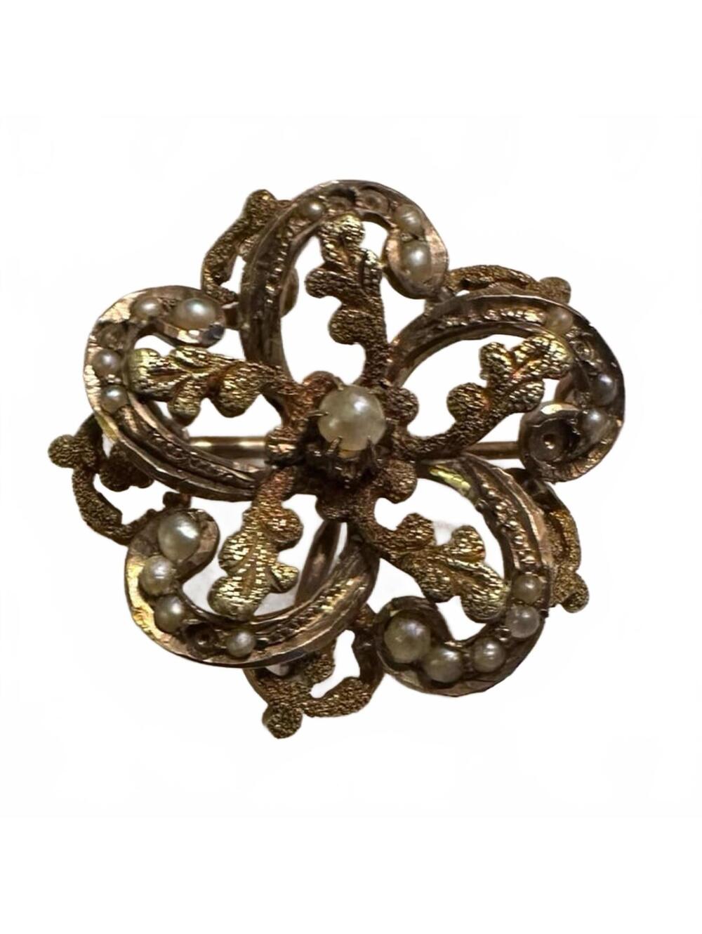Victorian 10K Gold Seed Pearl Pinwheel Starburst Flower Pin Jewelry Antique